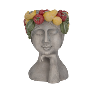 18" Lady With Fruit Planter, Grey/multi