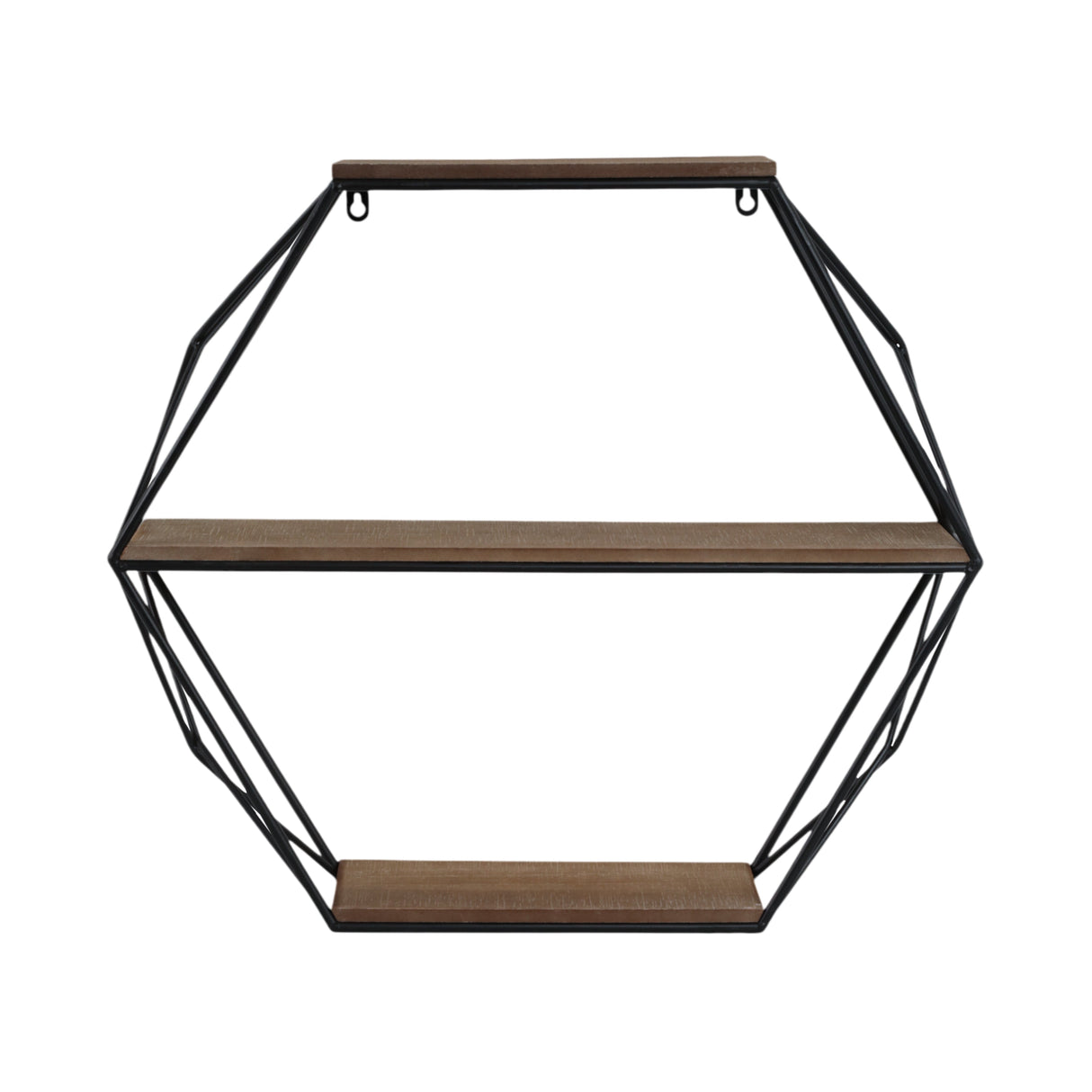 METAL/WOOD 3 TIER HEXAGON WALL SHELF, BROWN/BLACK