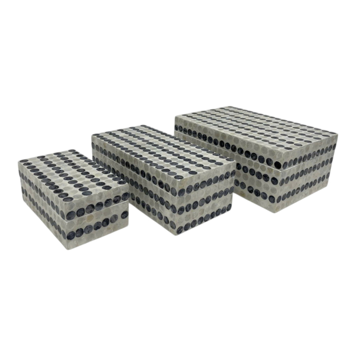 S/3 8/11/12" Capiz Dots Boxes, Ivory/blue