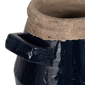 14" Squared Handle Terracotta Vase, Navy/tan