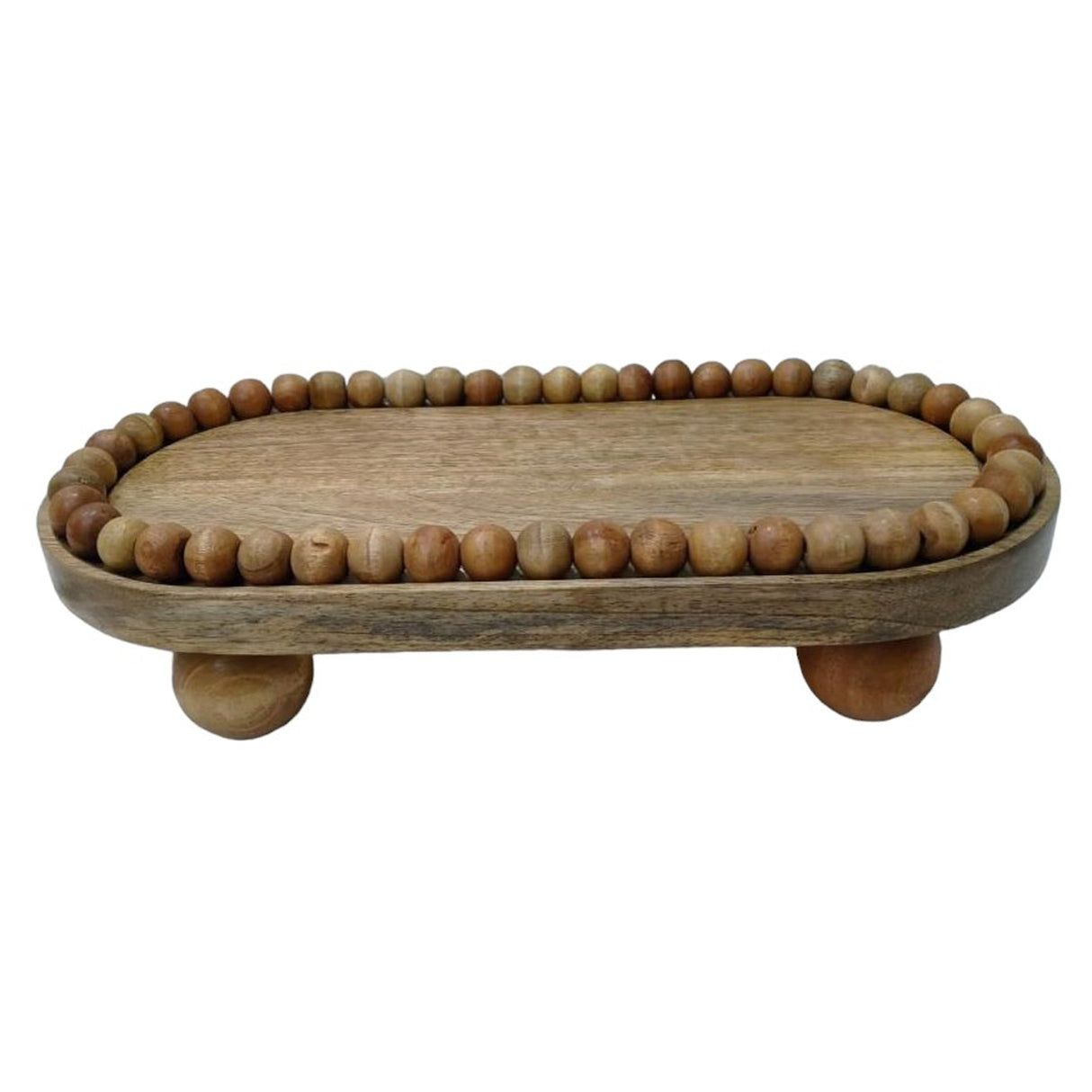 16" Beaded Oval Tray With Ball Feet, Natural