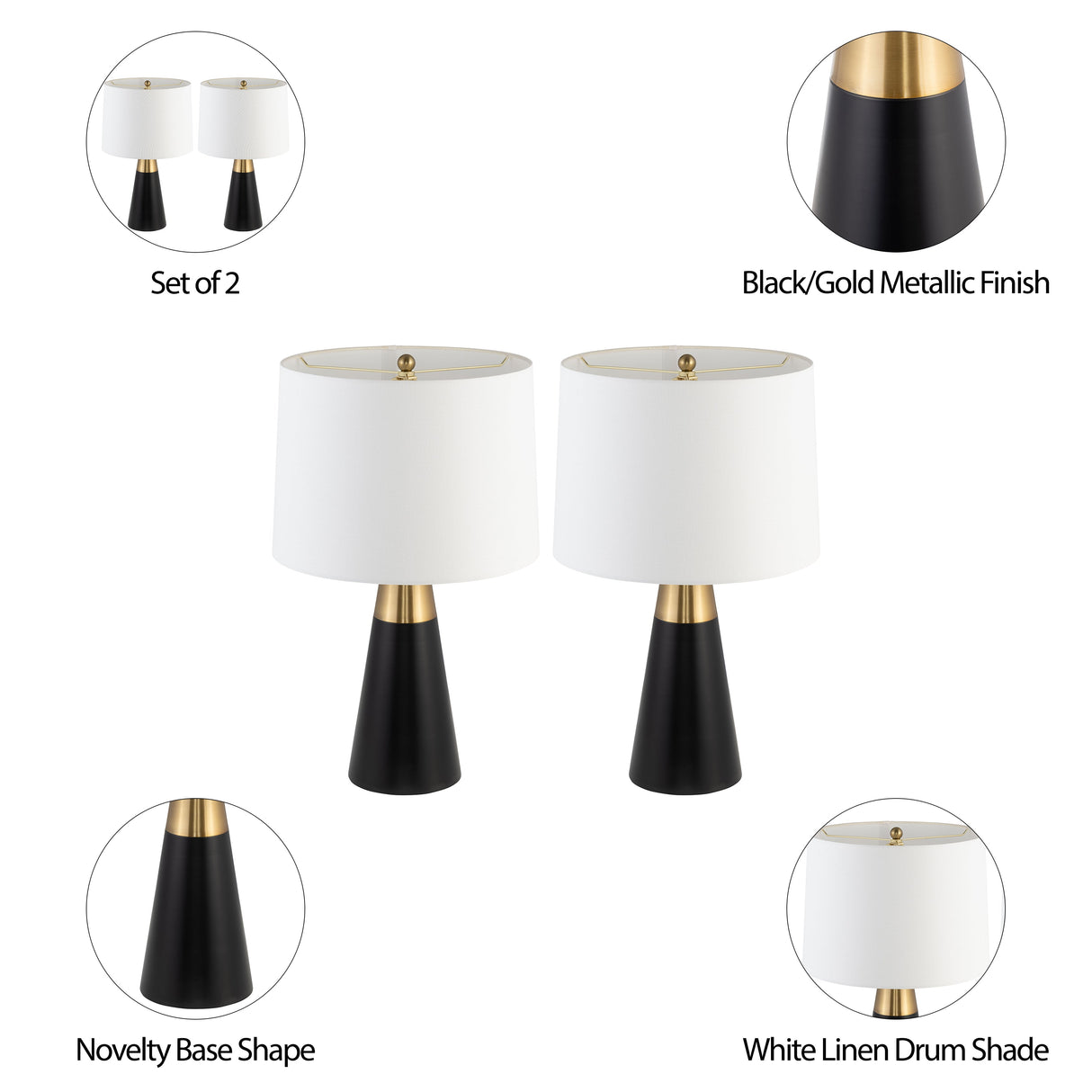 Metal,s/2,23"h,2tone Cone Tbl Lamps,blk/gld