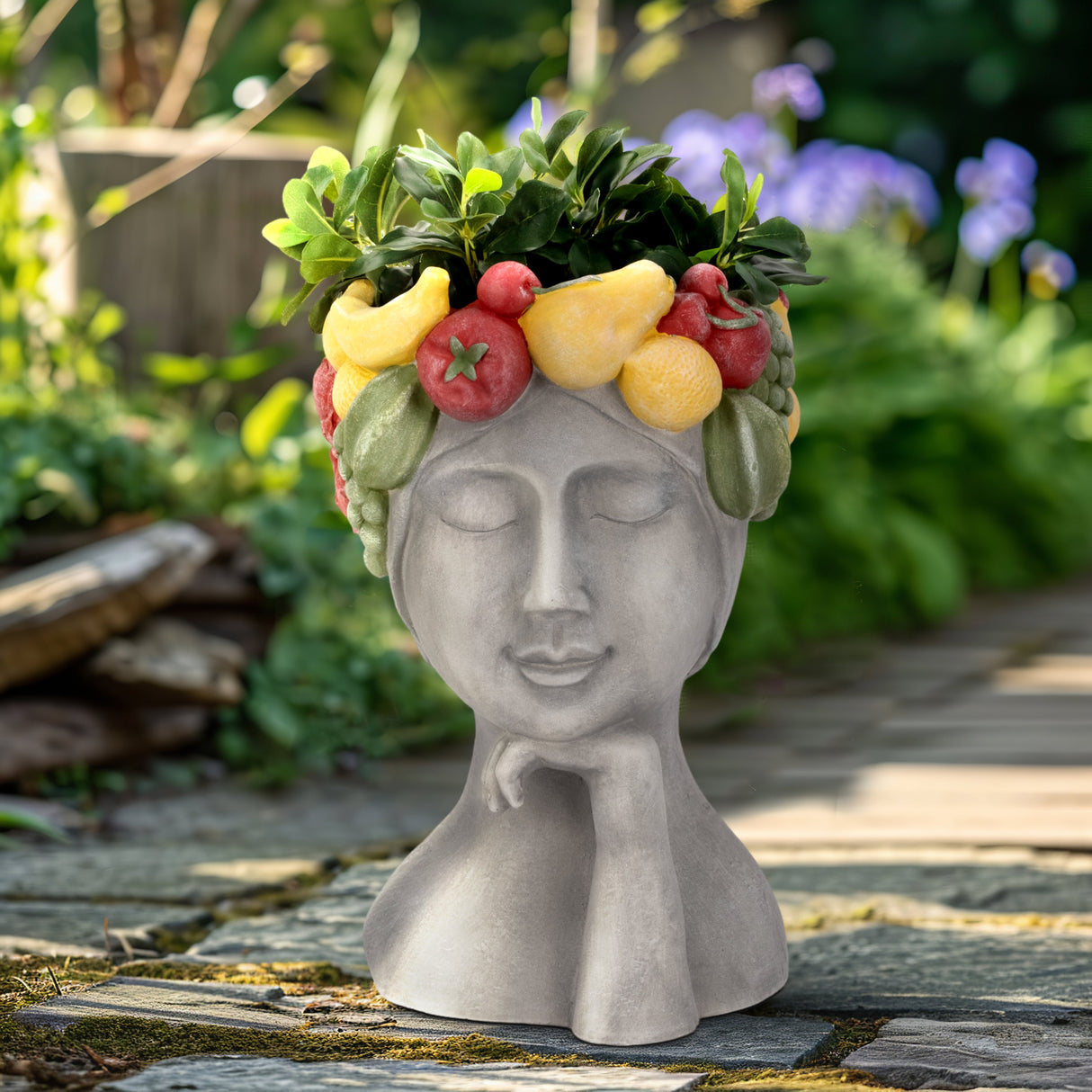 18" Lady With Fruit Planter, Grey/multi