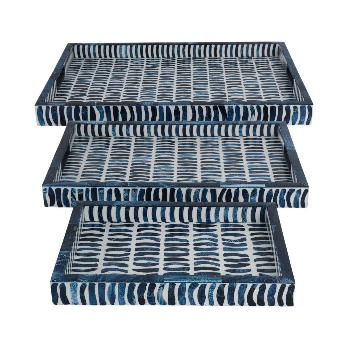 S/3 13/18/24" Trays With Inlay Pieces, Blue/white