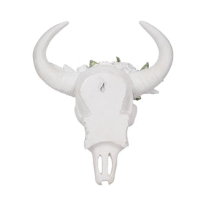 13" Bull Skull With White Flowers, White