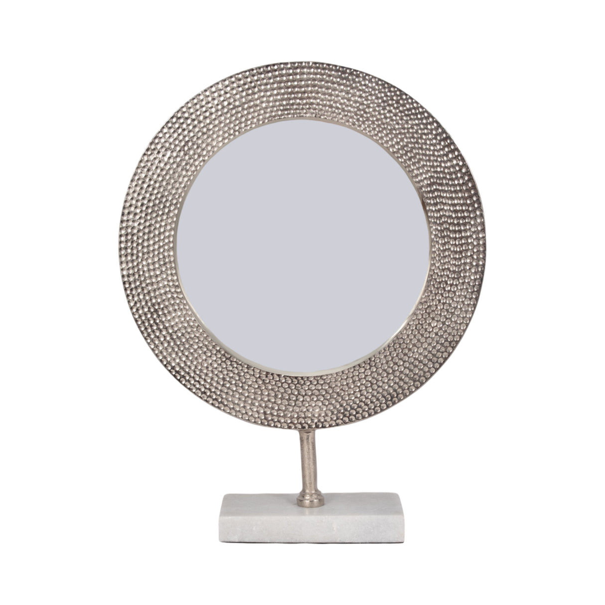 METAL 21" HAMMERED MIRROR ON STAND, SILVER
