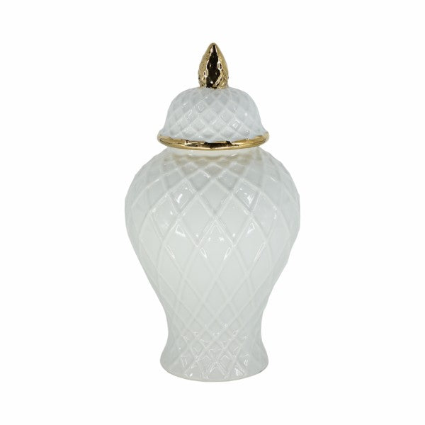 CER, 14"H ROPE TEMPLE JAR, WHITE/GOLD