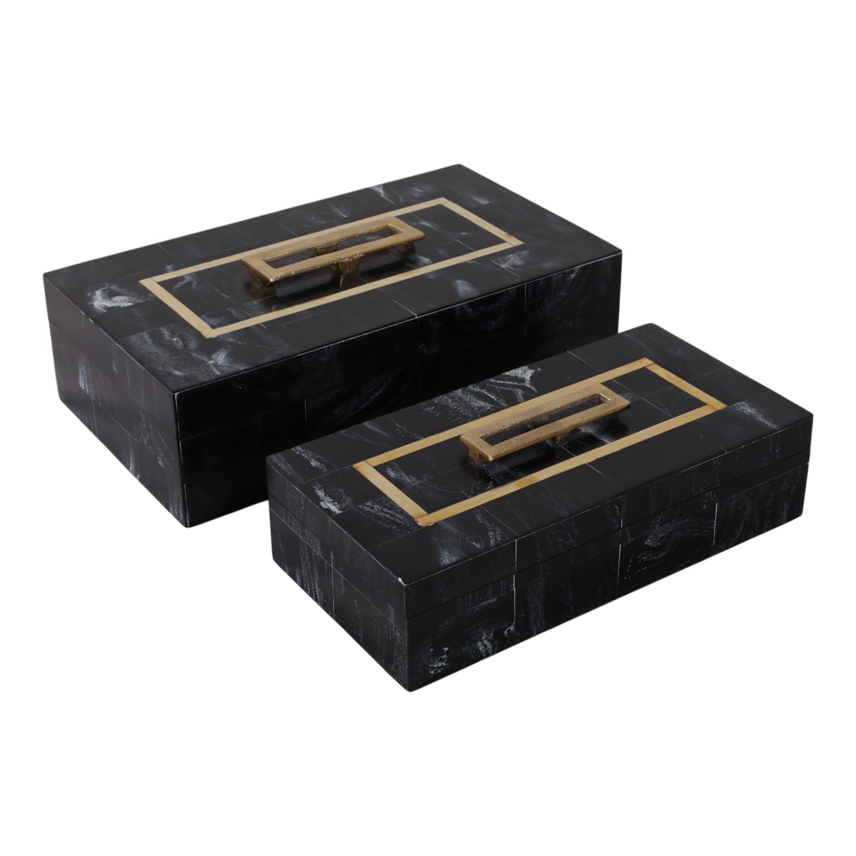 S/2 12/14" Brass Inlay Boxes With Hardware, Black