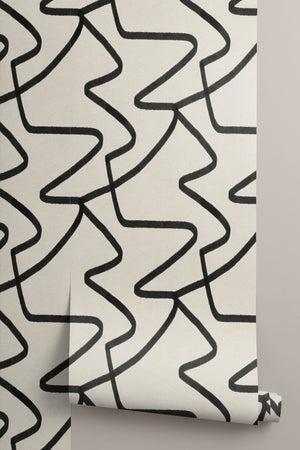 Black and Neutral Abstract Lines Repeat Pattern Wallpaper