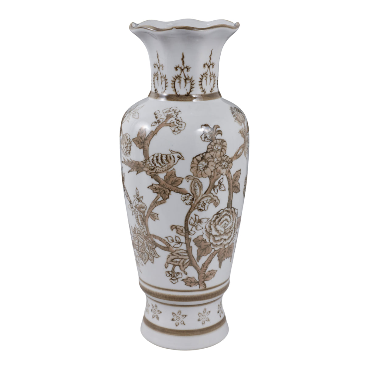 12x5" Chinoiserie Bird & Vines Vase, Brown/white