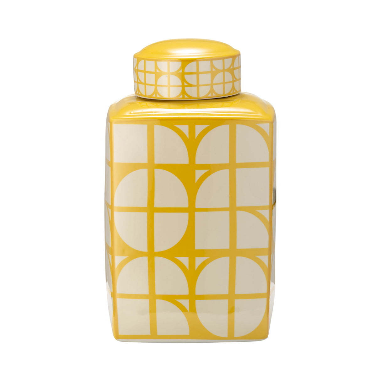 CER, 16"H SQUARE JAR W/ LID, YELLOW/COTTON