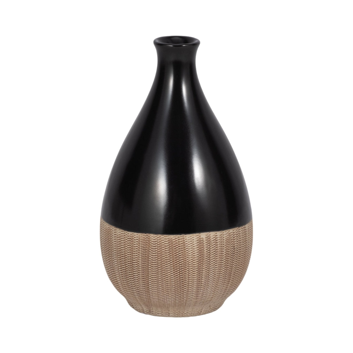 CER, 7"H 2-TONE TEARDROP VASE, CREME/BLK