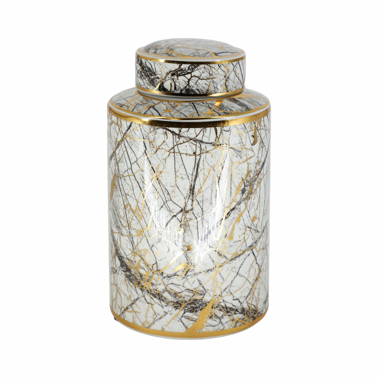 CERAMIC 12" JAR WITH GOLD LID, WHITE