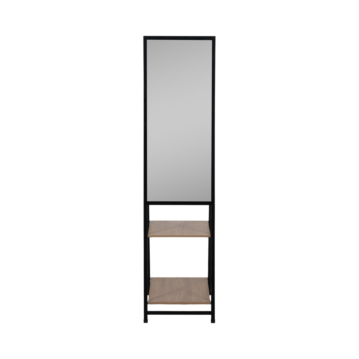 63" Standing Mirror W/ Wood Shelves, Black/natural