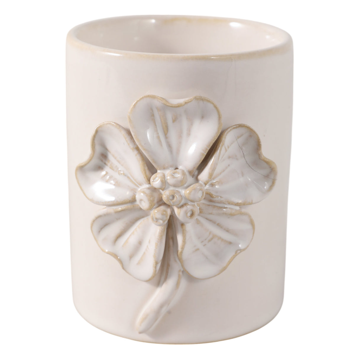 4" Flower Applique Pencil Cup, Ivory