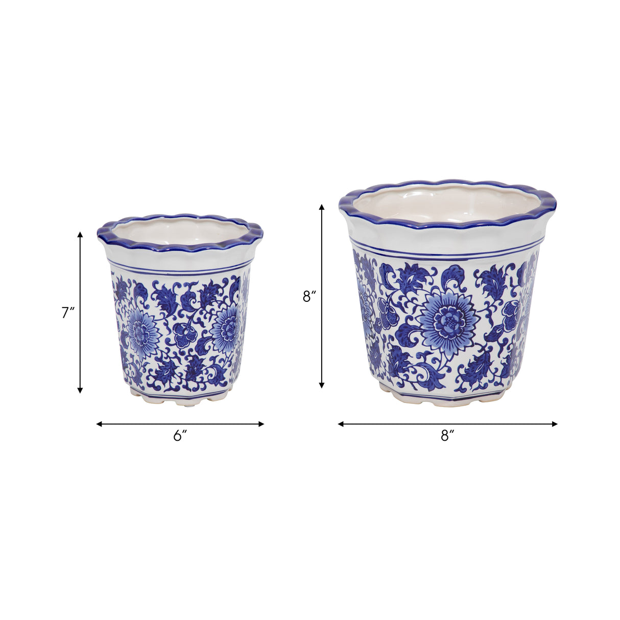 Cer, S/2 6/8" Chinoiserie Pot Planters, Blue/wht