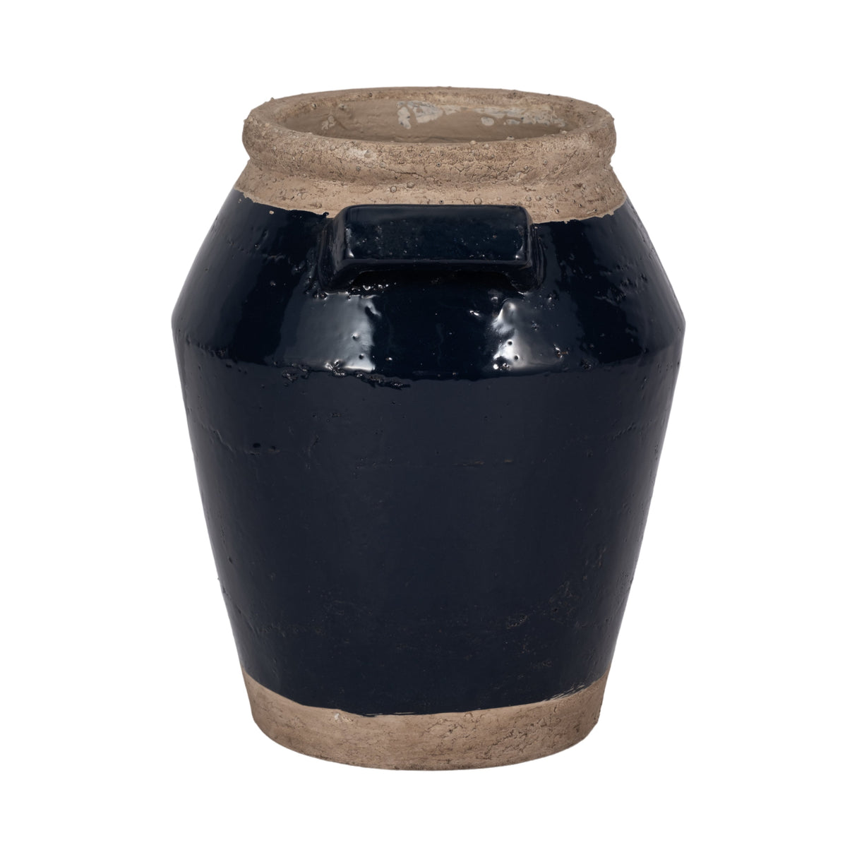 11" Squared Handle Terracotta Vase, Navy/tan