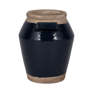 11" Squared Handle Terracotta Vase, Navy/tan