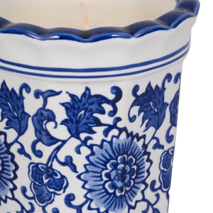 4", 7oz Fluted Chinoiserie Candle , Blue/white