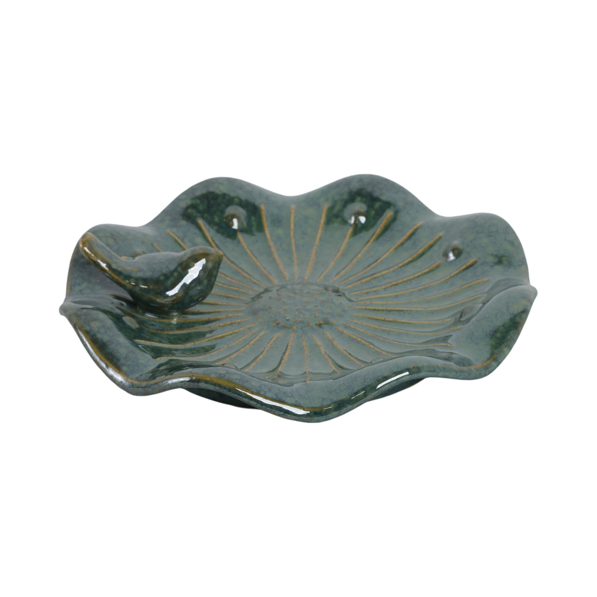 10x2" Flower Birdbath With Perched Bird, Green