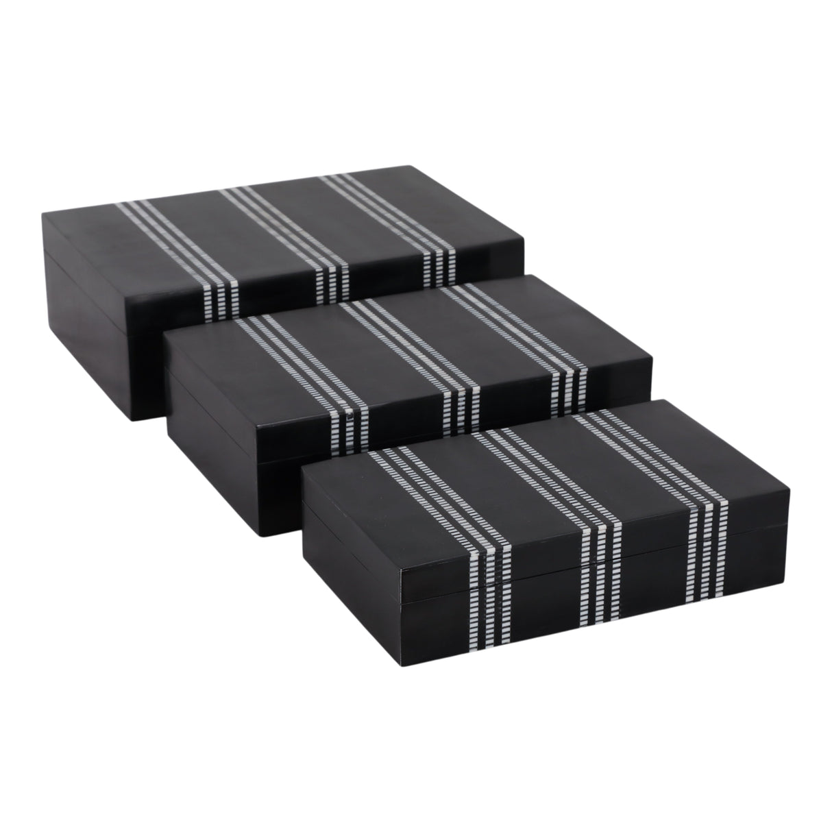 S/3 10/11/12" Ridged Stripes Boxes, Black/ivory