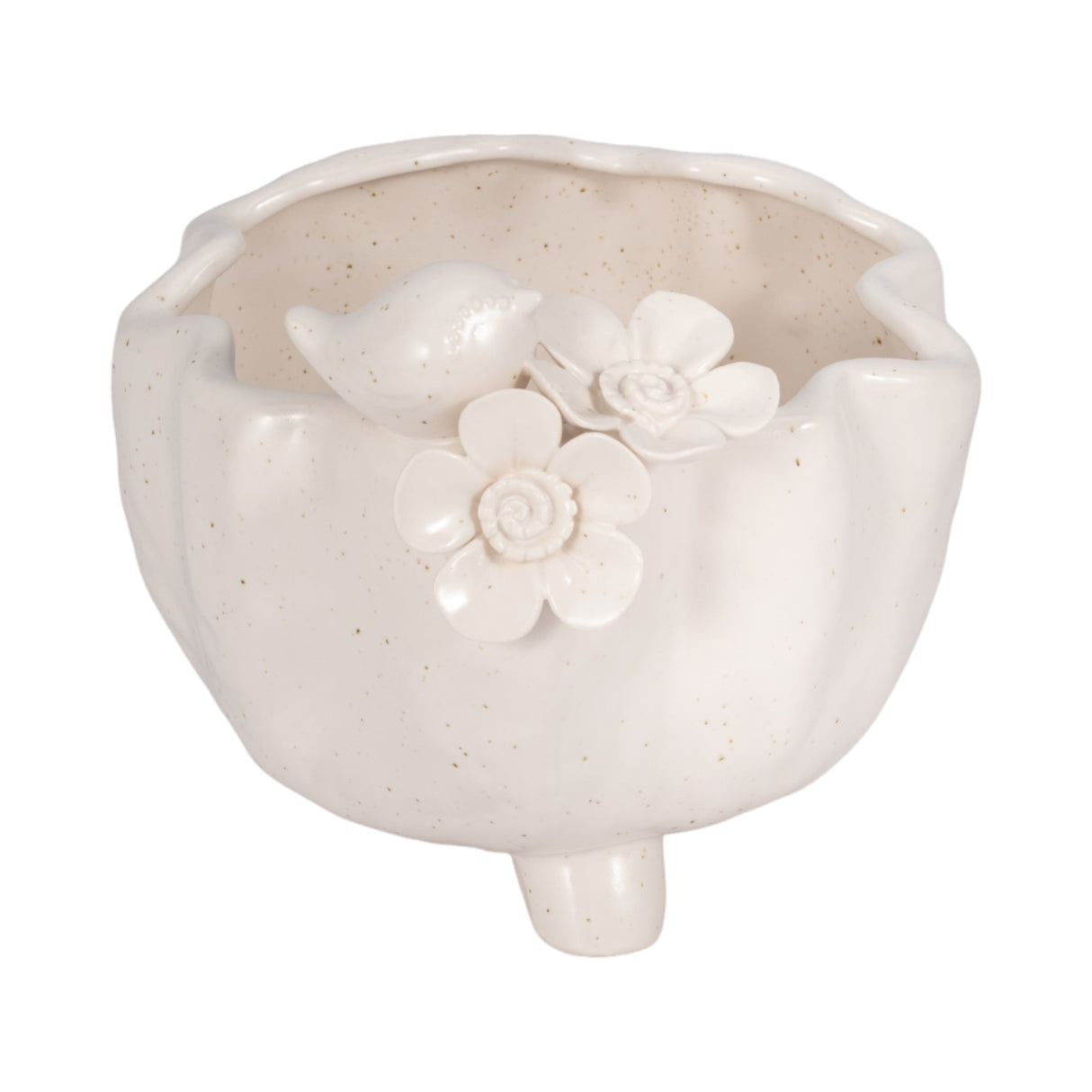 7" Bird And Flower Applique Footed Planter, Ivory