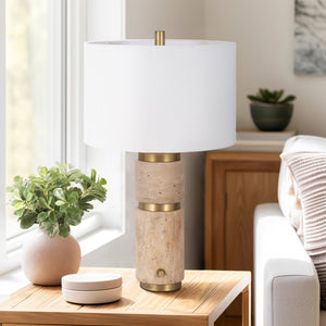 26" Knox Travertine Table Lamp, Gold/ivory