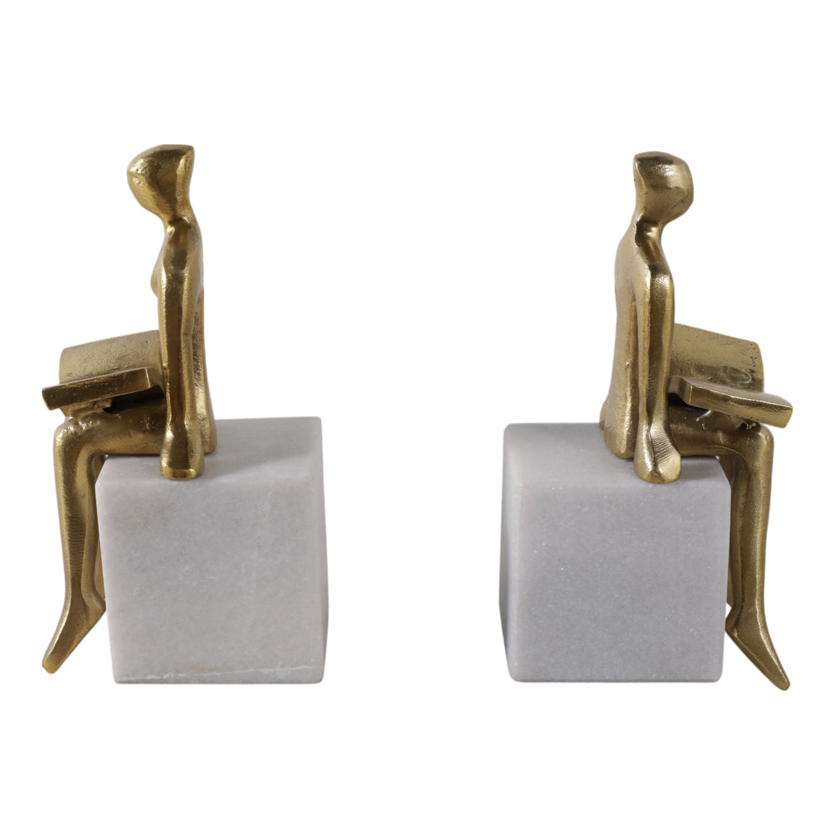 S/2 8" Reading On Marble Stand Bookends, Gold/whit