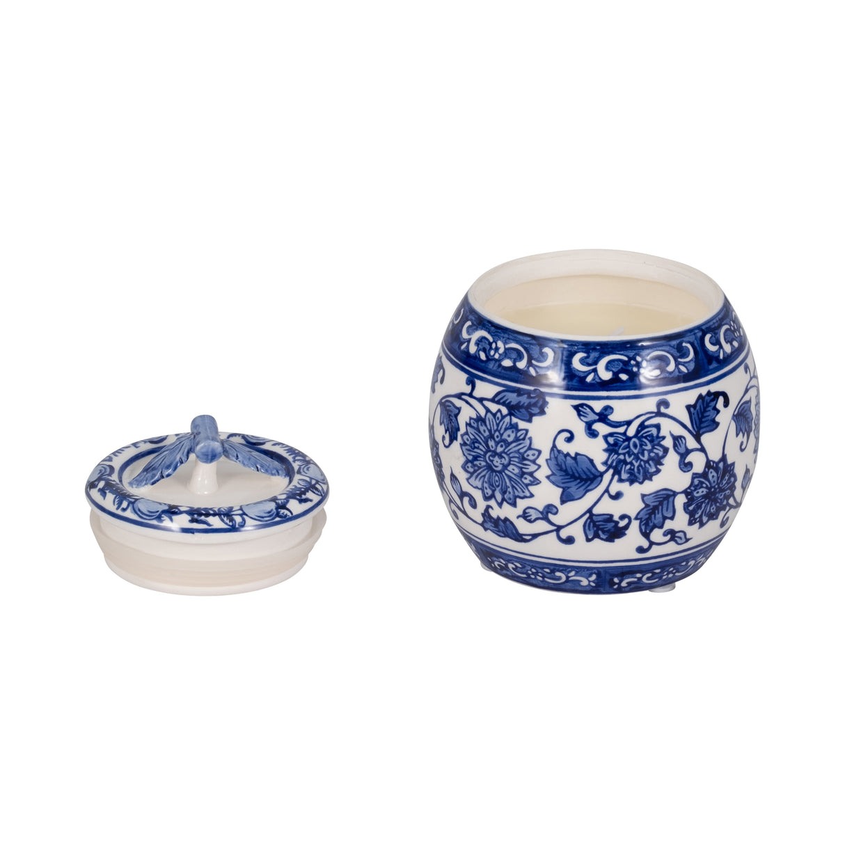 5" 8.5oz Peony Chinoiserie Lidded Candle, Blu/wht