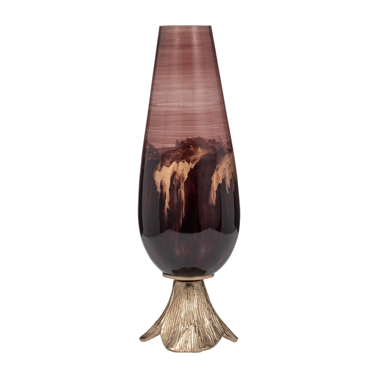 GLASS, 20" VASE W/ LEAF BASE, BRONZE