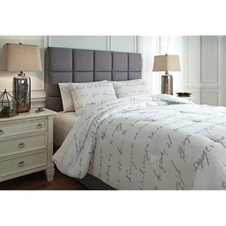 Adrianna Queen Comforter With Elegant Script White And Grey