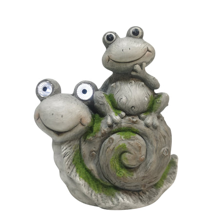 14" Frog Sitting On Snail With Solar Eyes, Grey