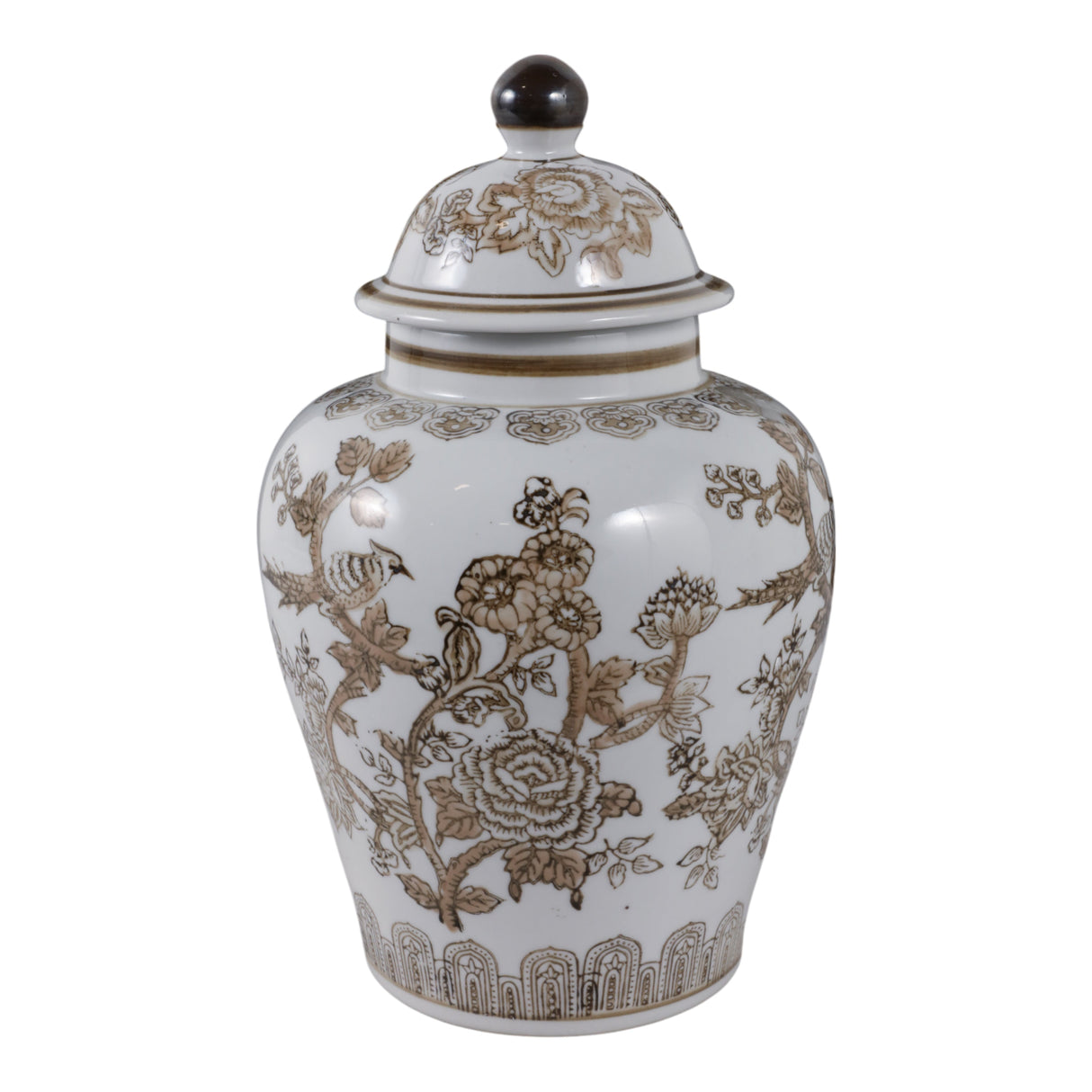12x7" Chinoiserie Bird & Vines Temple Jar,brwn/wht