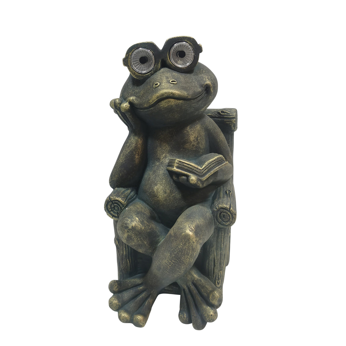 16" Sitting Frog With Book And Solar Glasses, Bron