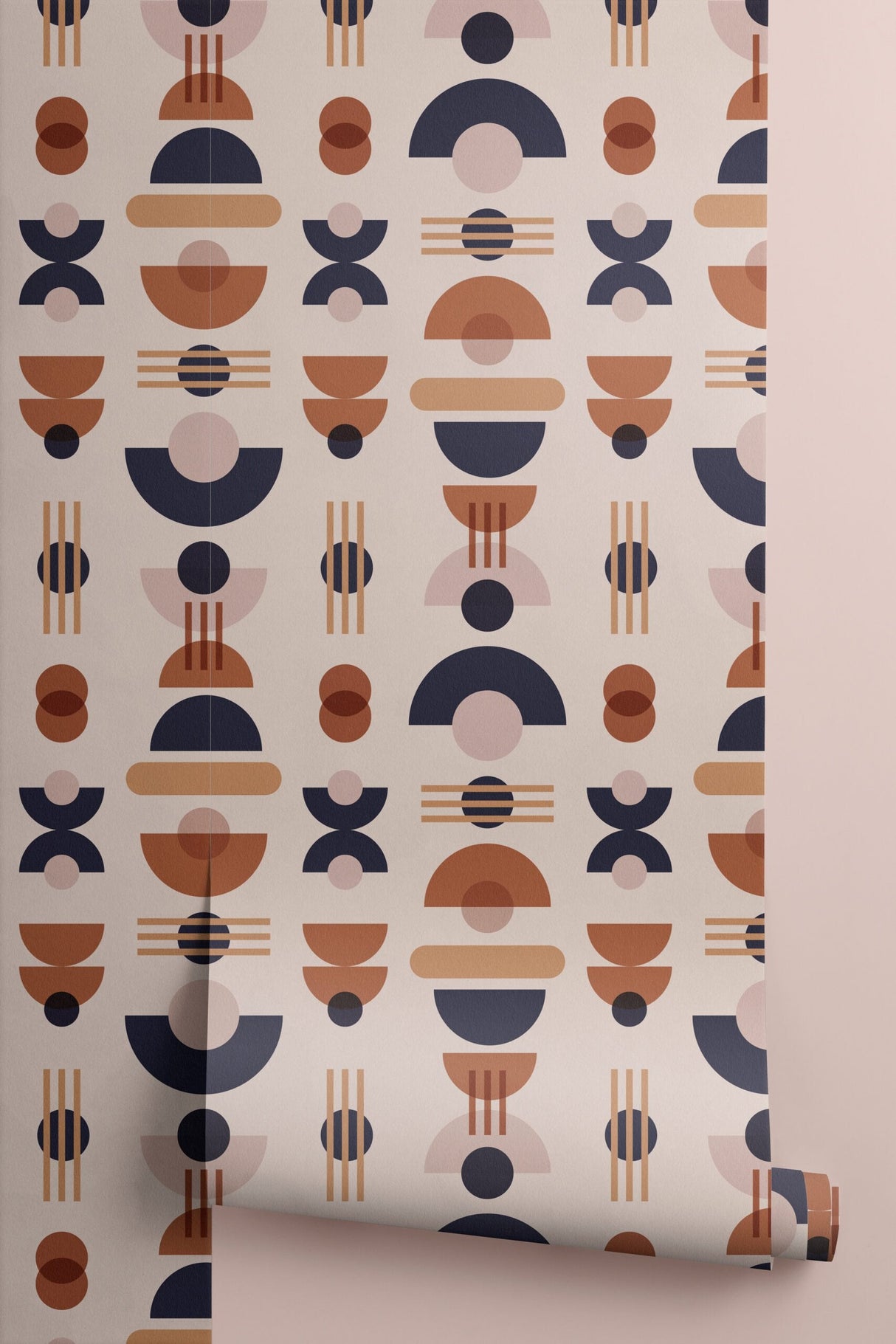 Neutral & Navy Mid Century Modern Geometric Repeat Pattern Wallpaper