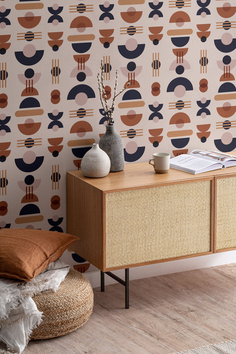 Neutral & Navy Mid Century Modern Geometric Repeat Pattern Wallpaper