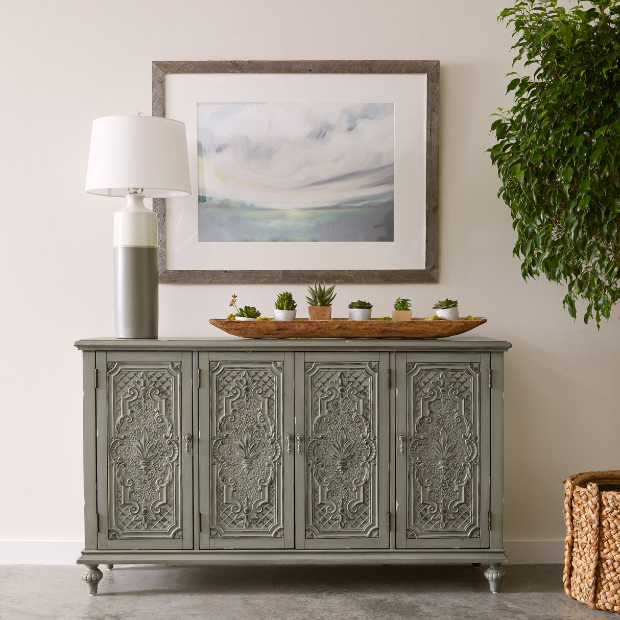 Gray Tin Front Four Door Credenza