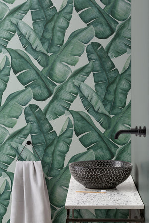 Watercolor Green Tropical Leaves Repeat Pattern Wallpaper