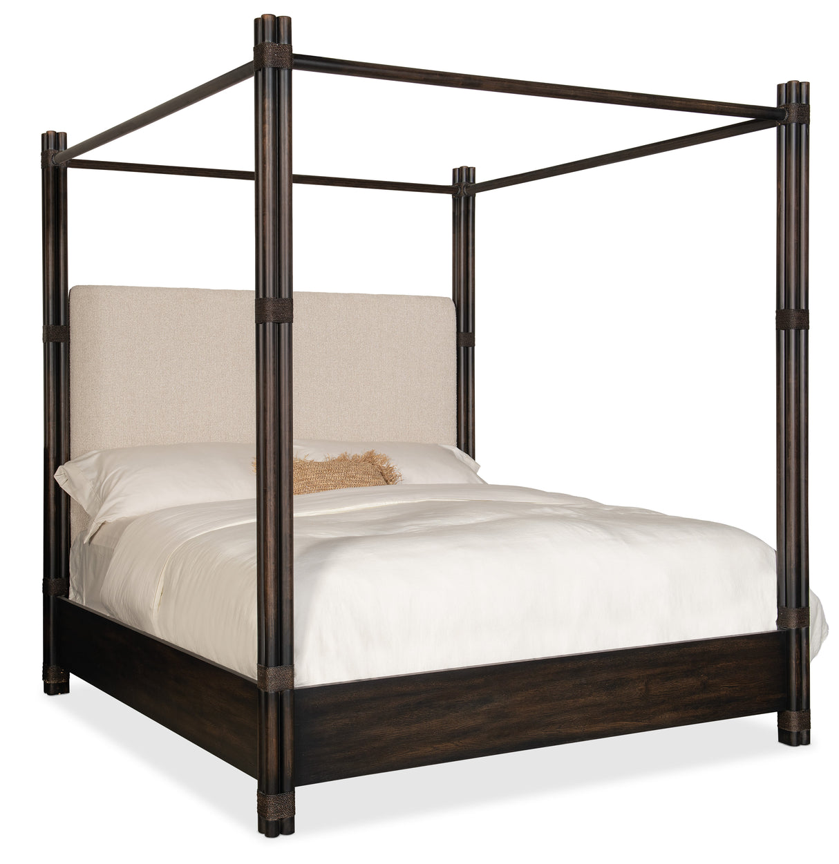 Retreat Pole Rattan King Upholstered Poster Bed withCanopy